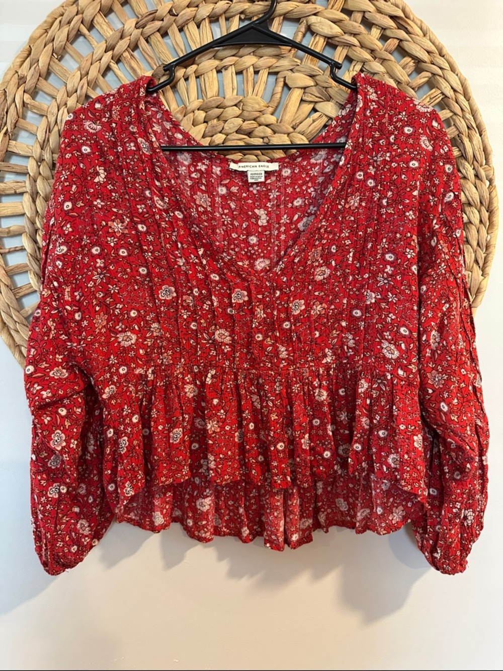 American Eagle Outfitters Red Floral Smocked Peasant Top